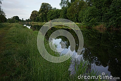 Water reflection of Havel river canal VoÃŸkanal in Krewelin, Oberhavel, Ruppiner Lakeland, Brandenburg Stock Photo
